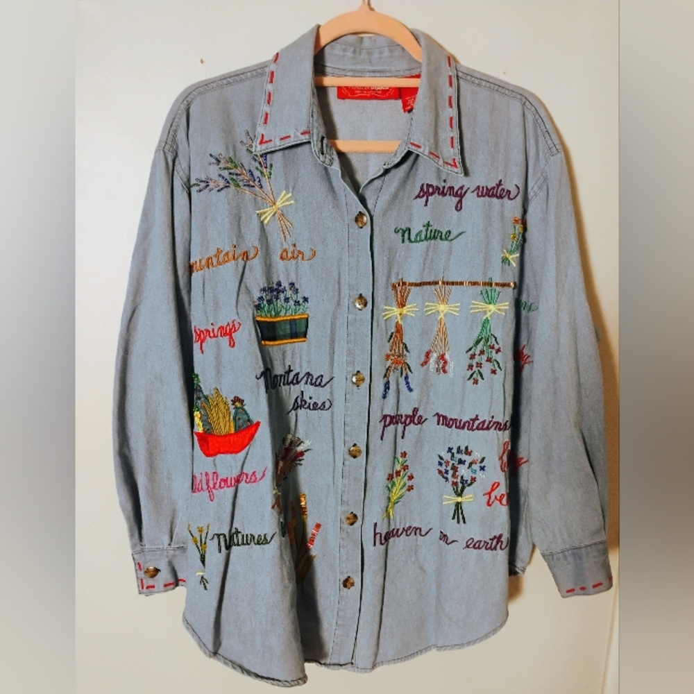 Venezia Jeans Vintage Denim Shirt 14/16 Embroidered Button Down Top‎